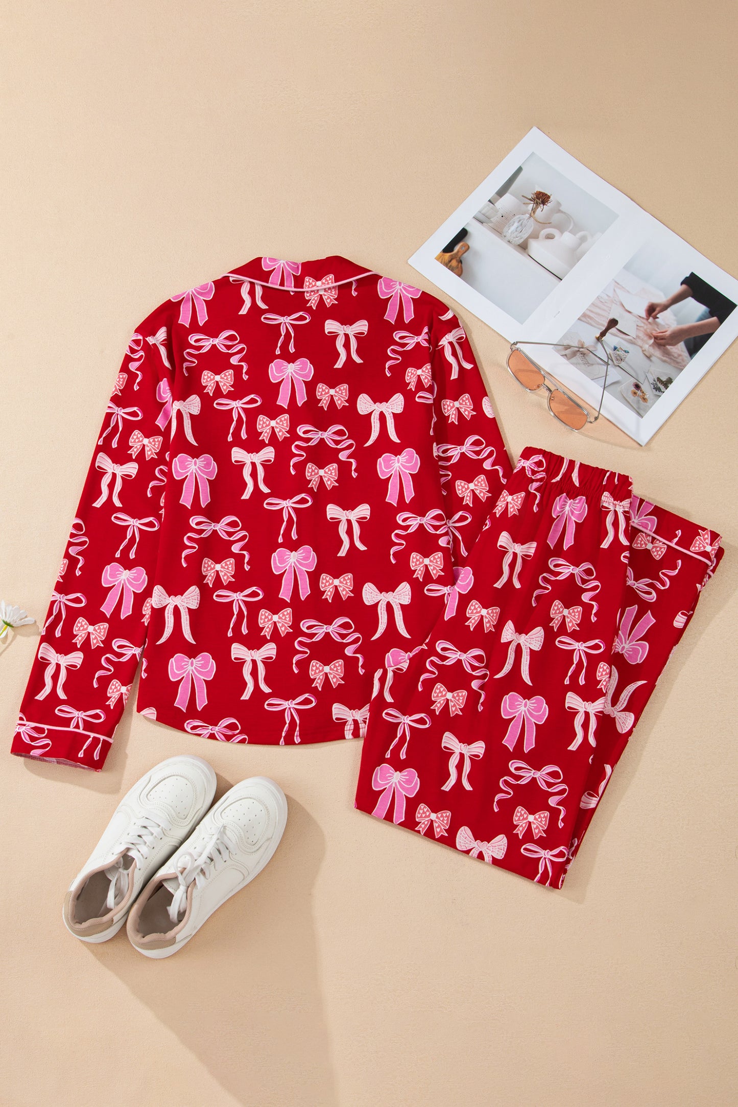 Sweet Bow Print Shirt Style Top & Long Pants Pajama Set