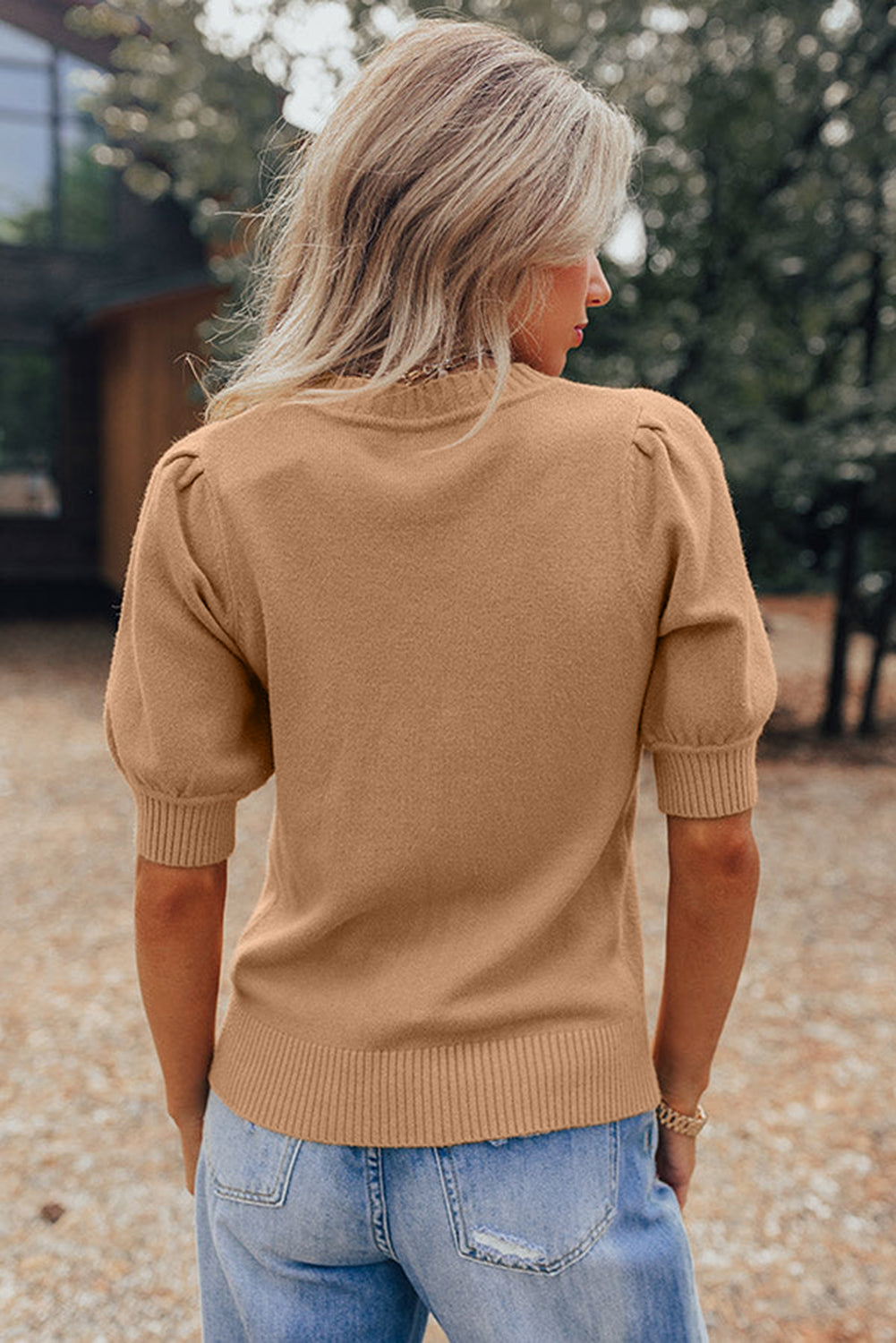 Light French Beige Knit Short Puff Sleeve Sweater