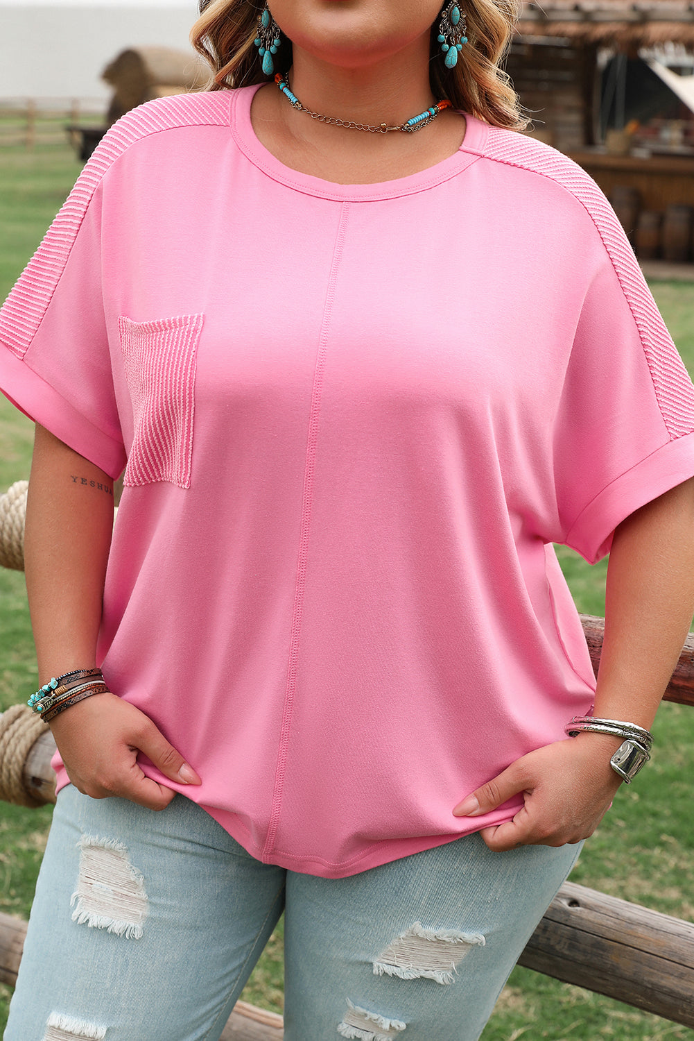 Corded Patchwork Pocketed Plus Size T Shirt