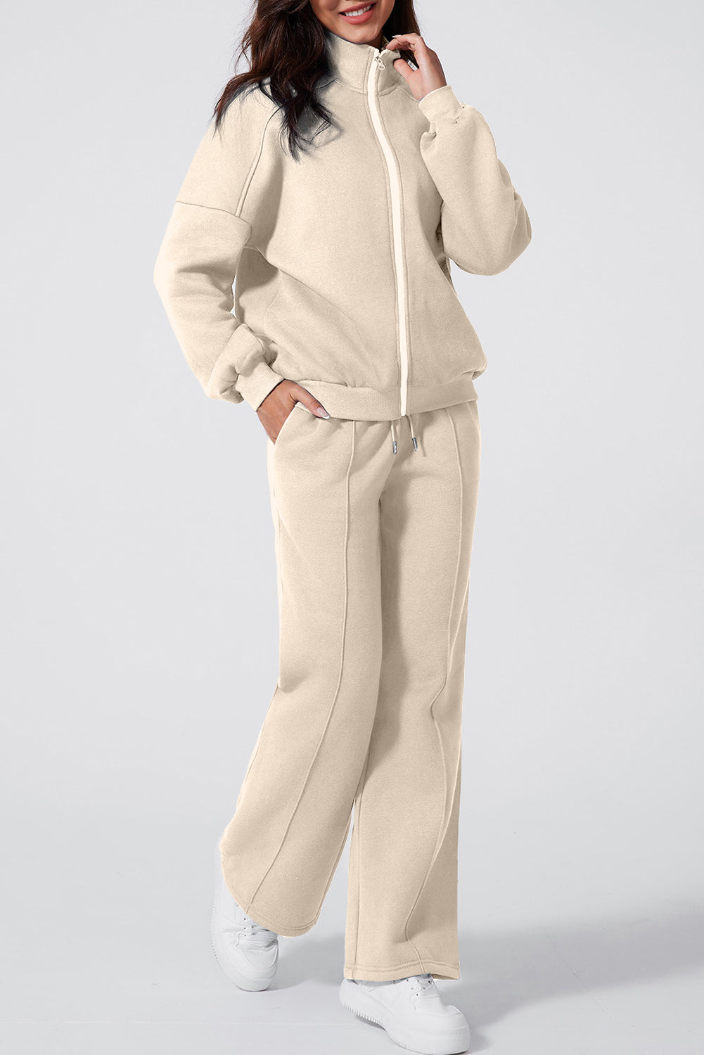 Drop Shoulder Zip Up Jacket & Drawstring Pants Active 2-Piece Set