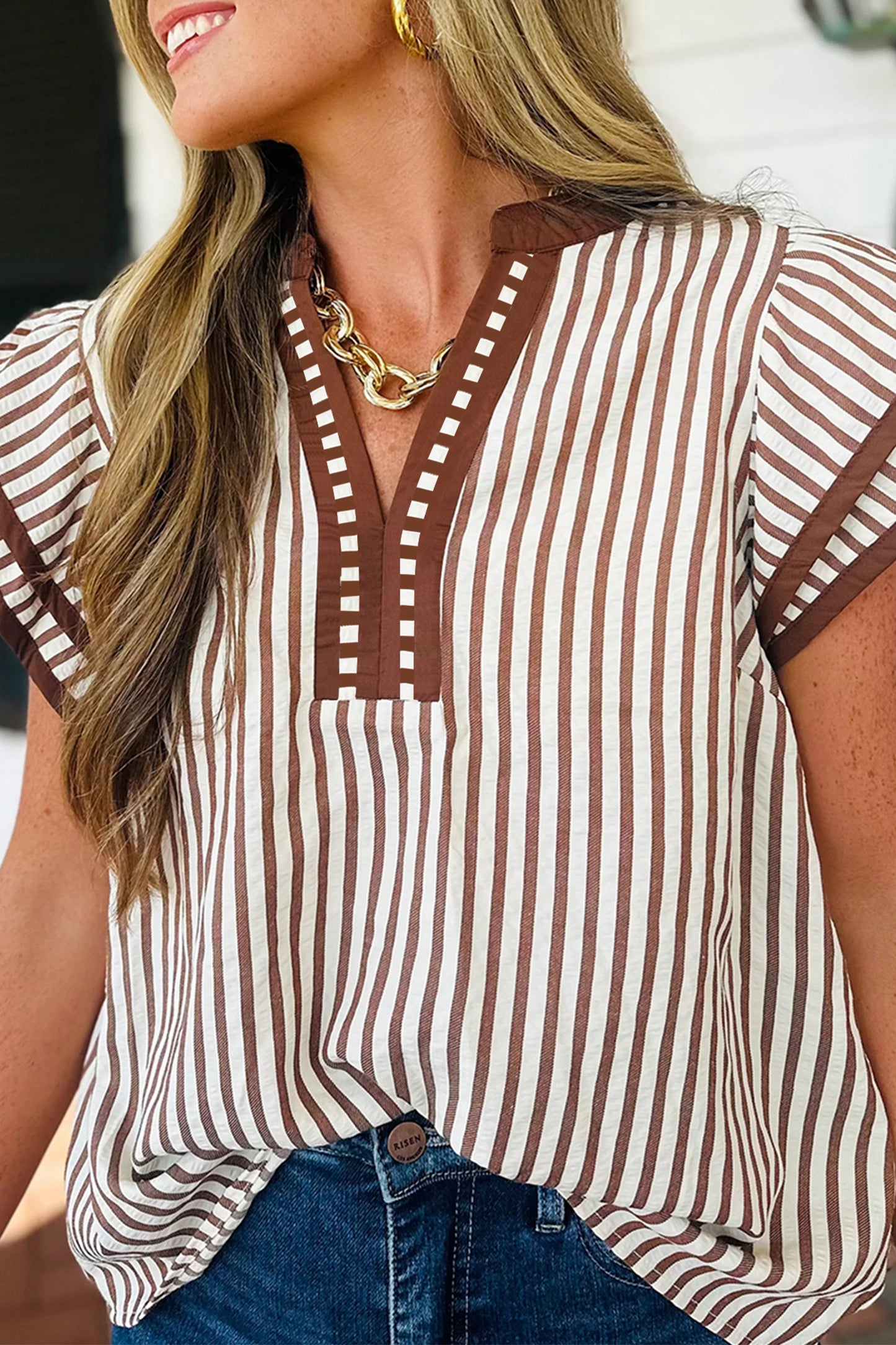 Stripe Double Ruffled Short Sleeve V Neck Blouse
