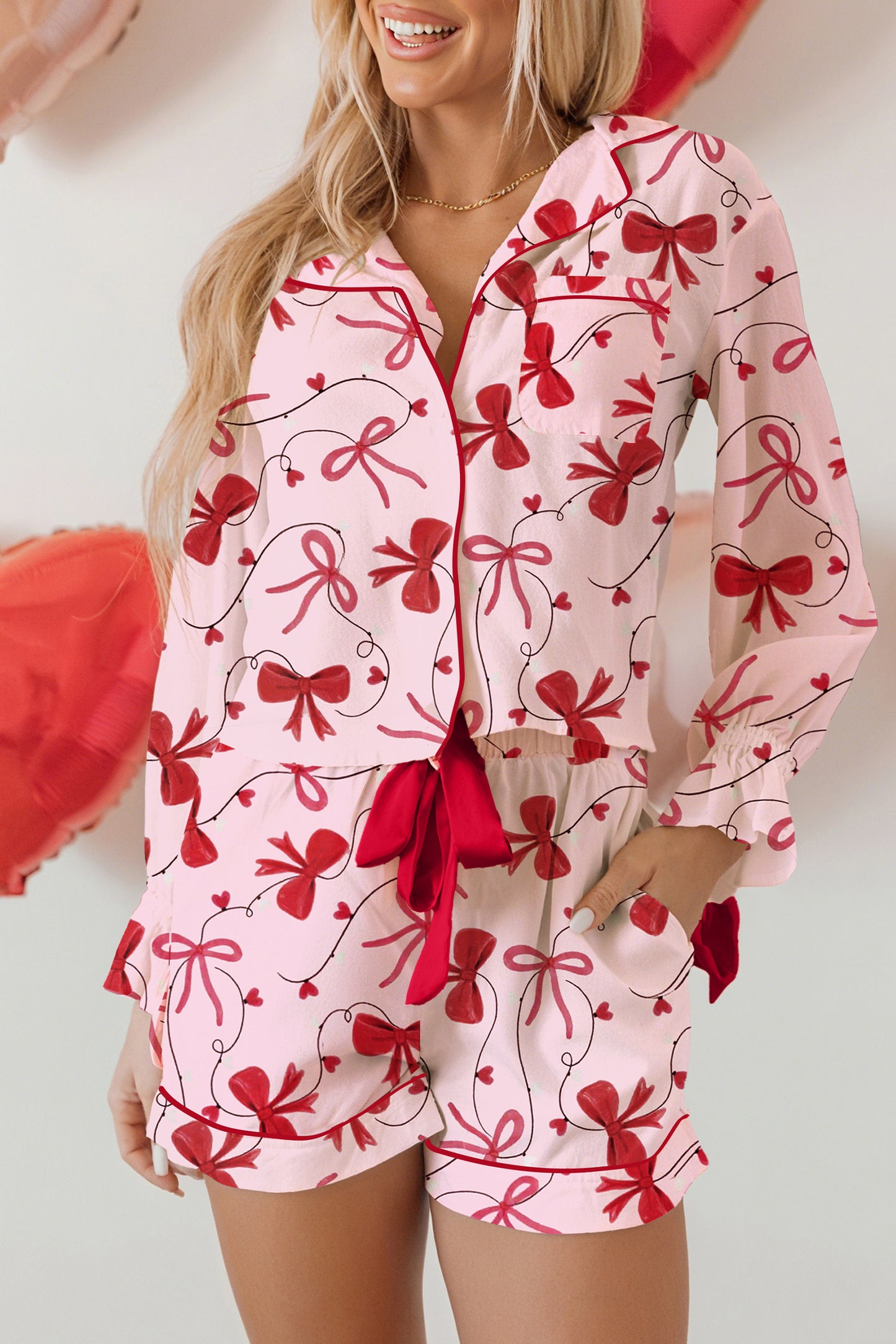 Bow Print Valentine Long Sleeve Shirt & Shorts Pajama Set