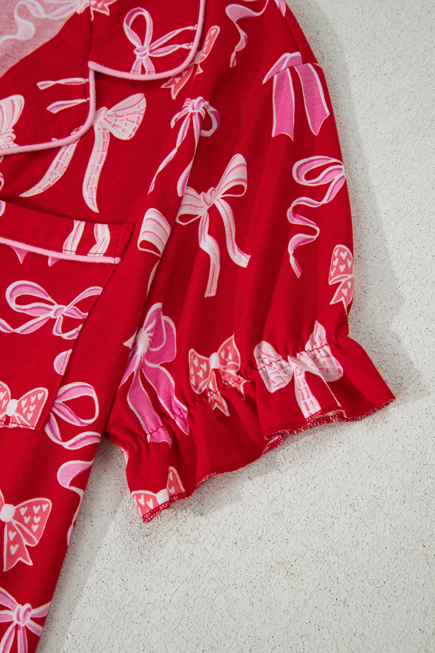 Red Sweet Bow Print Ruffled Short Sleeve Pajama Set