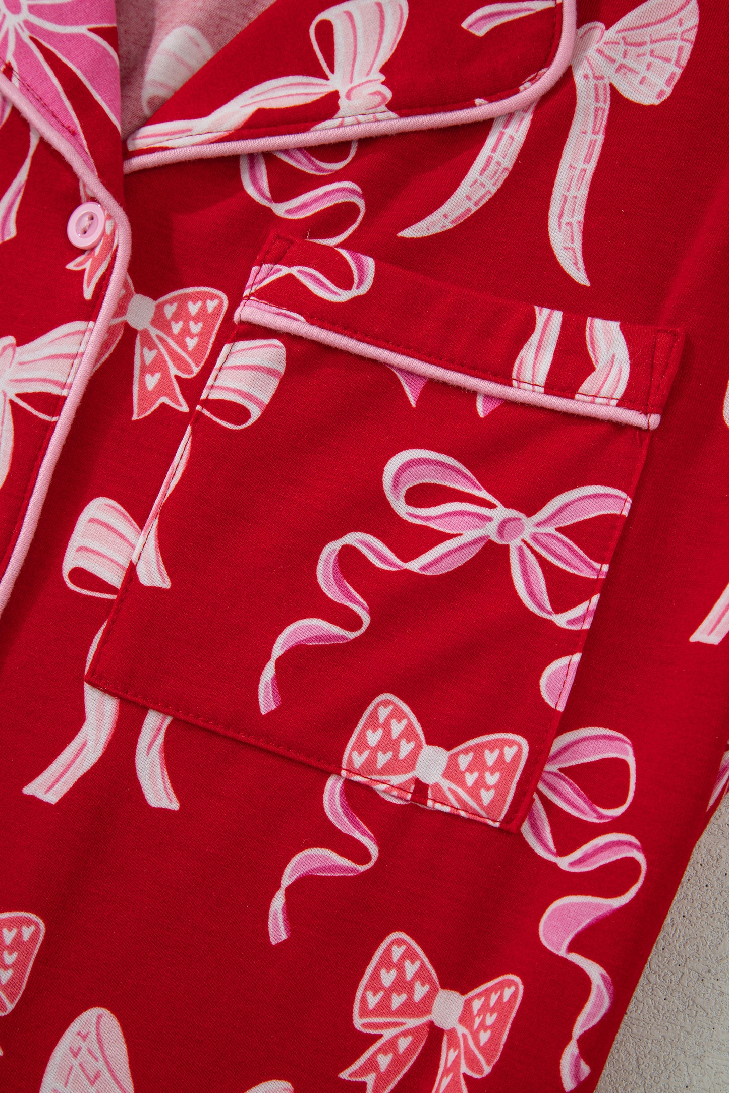 Red Sweet Bow Print Ruffled Short Sleeve Pajama Set
