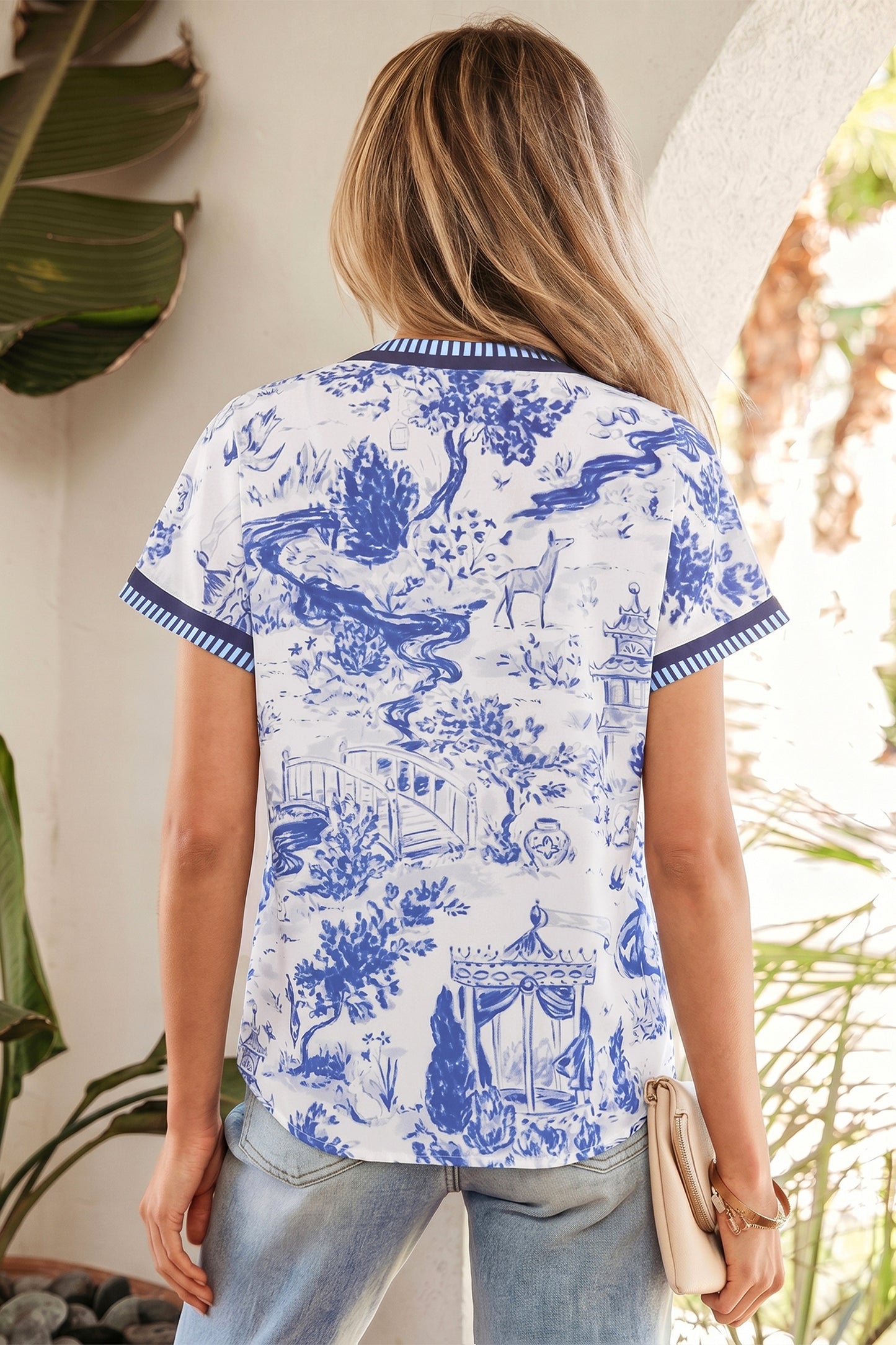 Blue Animal Print Striped Trim V-Neck Blouse