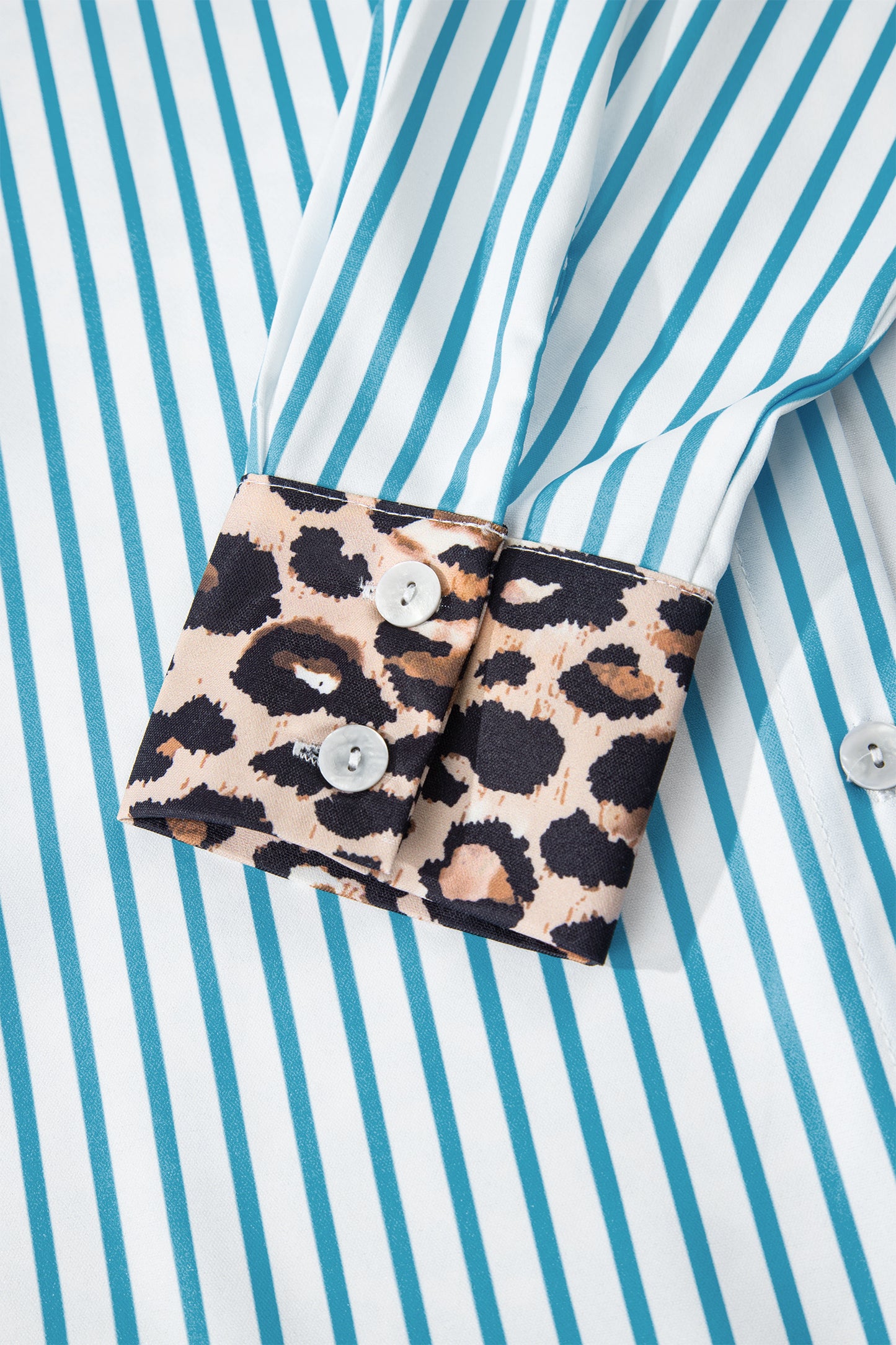 Stripe Contrast Leopard Patchwork Long Shirt Dress with Slits