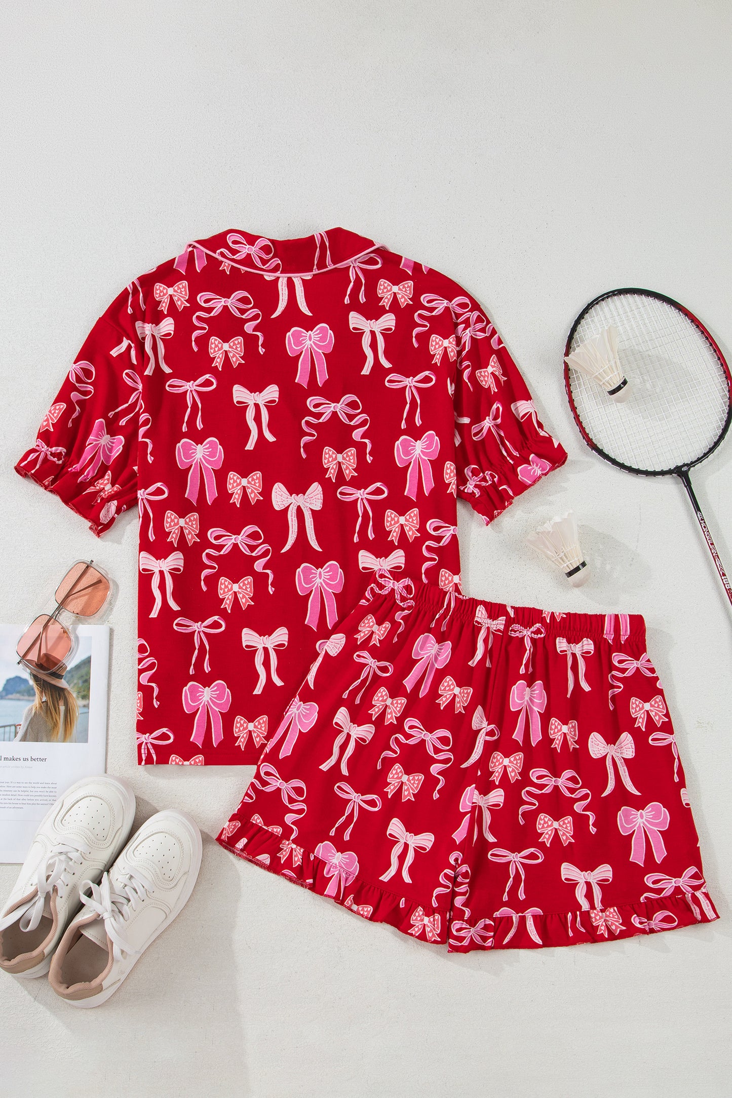 Red Sweet Bow Print Ruffled Short Sleeve Pajama Set