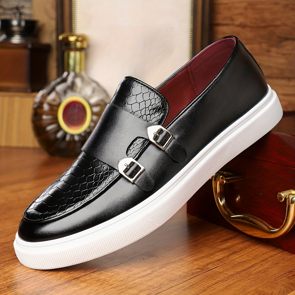 Men's Slip On Shoes With Double Buckle Straps