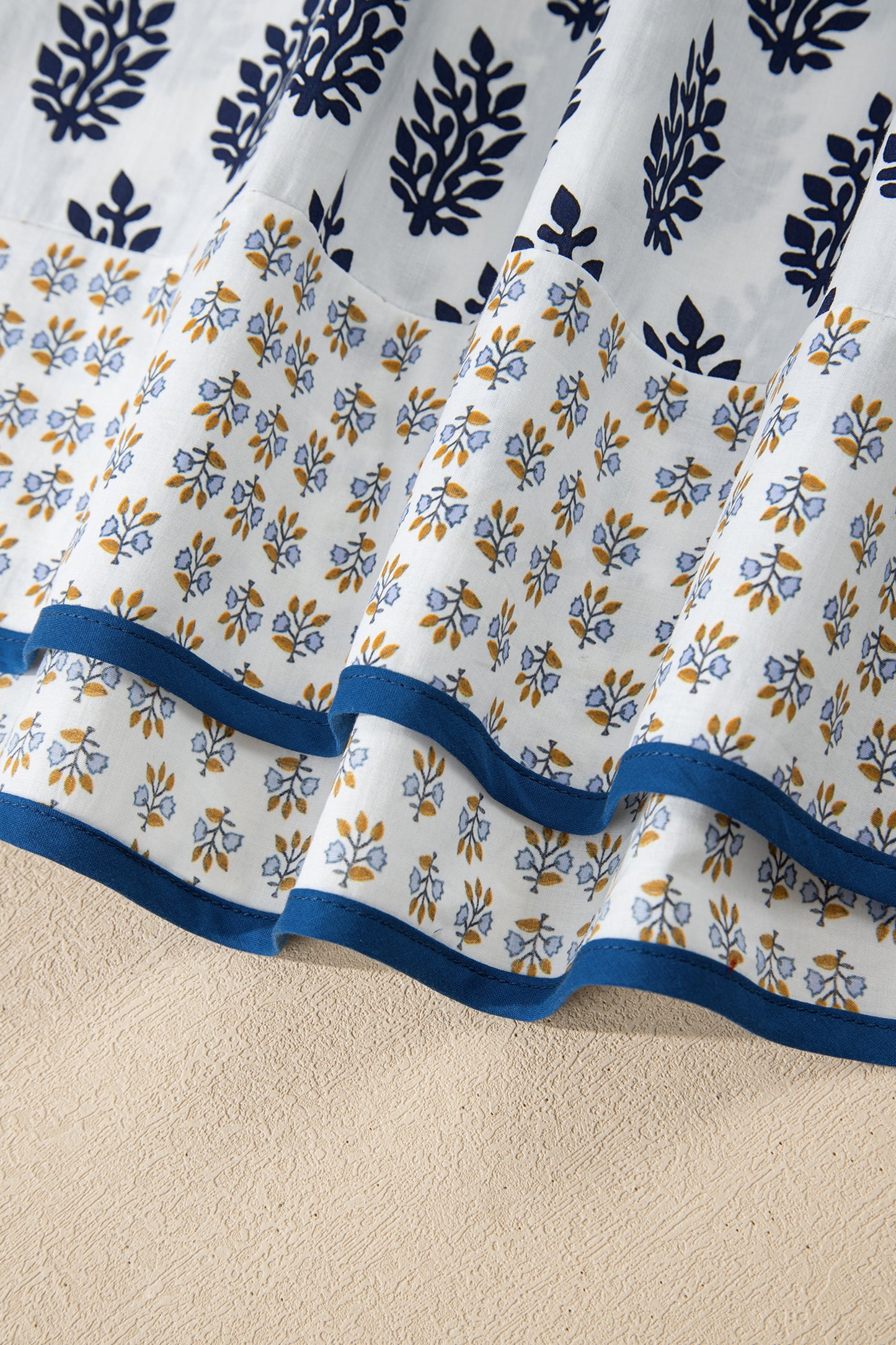 Boho Floral Print Contrast Trim Split Neck Puff Sleeve Patchwork Blouse