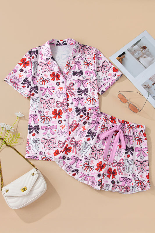 Cute Ribbon Bows Printed Shirt Style 2pcs Short Pajama Set