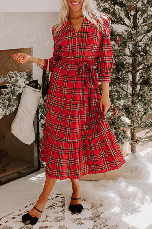 Christmas Plaid V Neck Tie Waist Ruffle Hem Long Dress