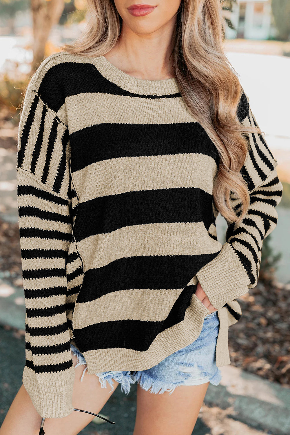 Brown Stripe Drop Shoulder Patchwork Baggy Sweater
