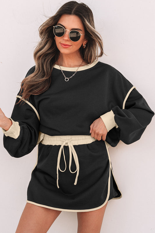Black Colour Contrast Loose Pullover and Lace-Up Waist Skort Set
