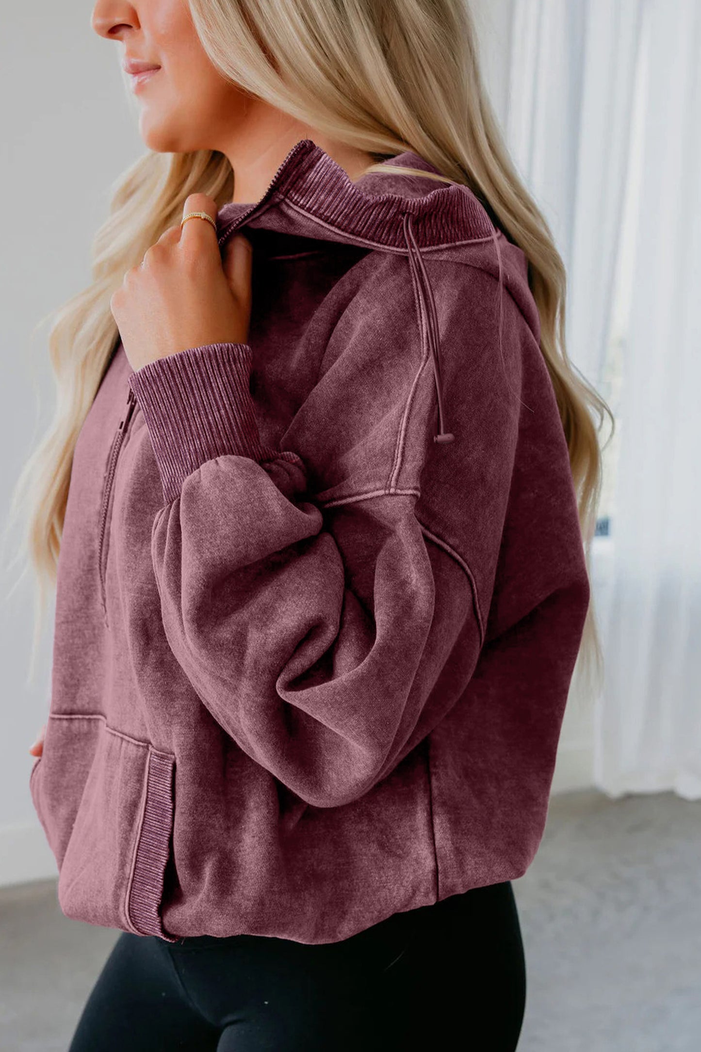 Half Zip Kangaroo Pocket Mineral Wash Baggy Hoodie