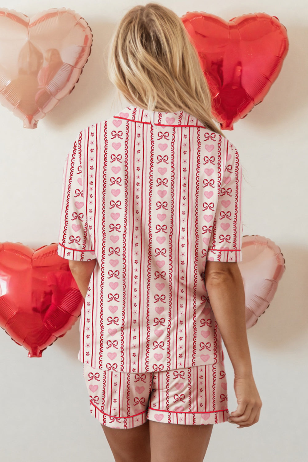 Bow Heart Print Ribbon Decor Short Pajama Set - Red