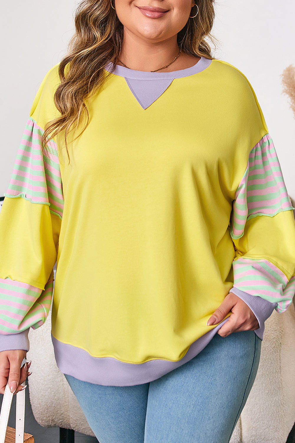 Striped Color Block Patchwork Crewneck Plus Size Pullover Sweatshirt