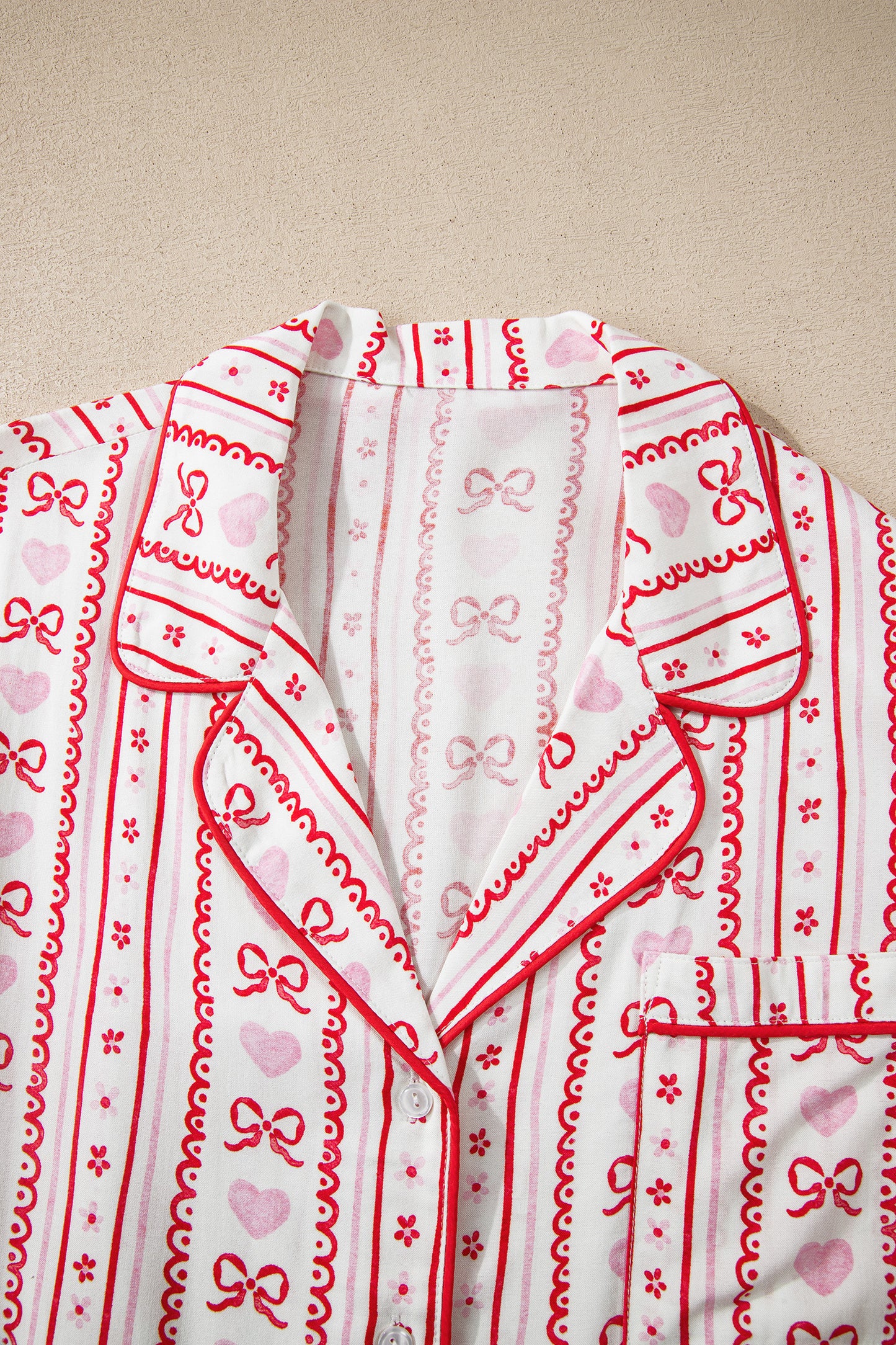 Bow Heart Print Ribbon Decor Short Pajama Set - Red