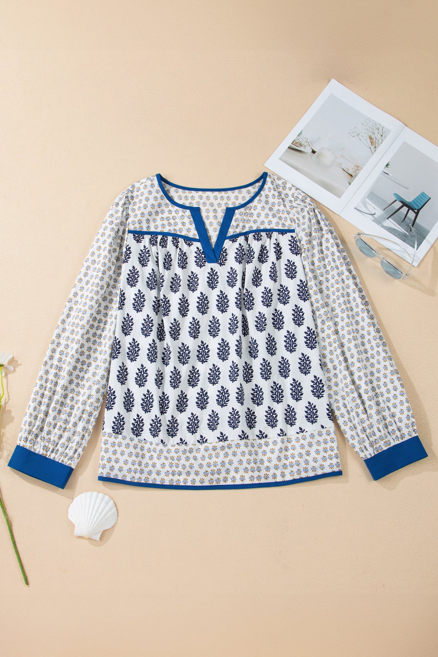 Boho Floral Print Contrast Trim Split Neck Puff Sleeve Patchwork Blouse