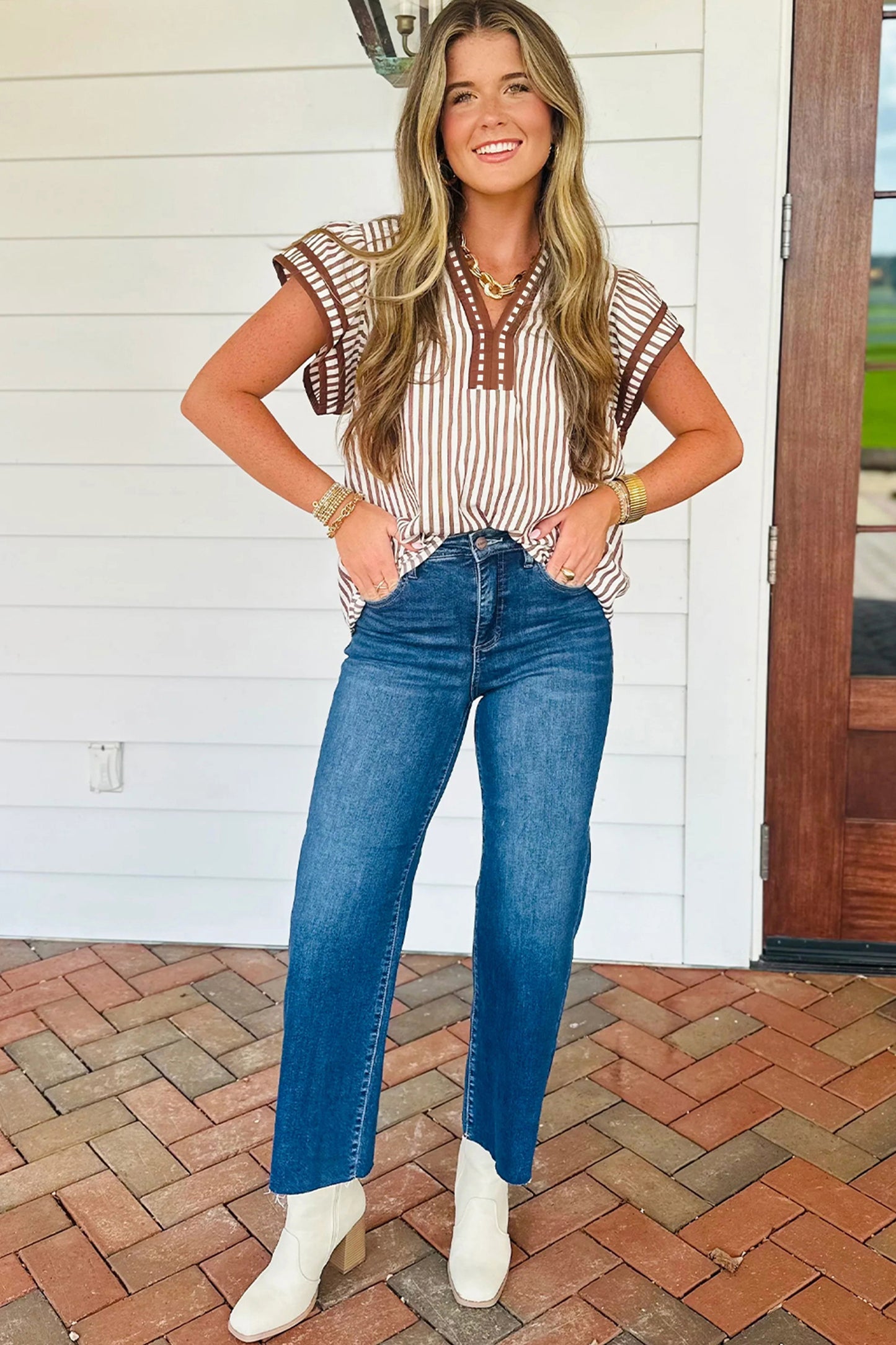Stripe Double Ruffled Short Sleeve V Neck Blouse