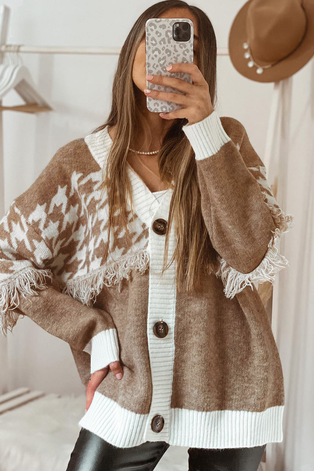 Houndstooth Color Block V Neck Raw Edge Button Front Cardigan