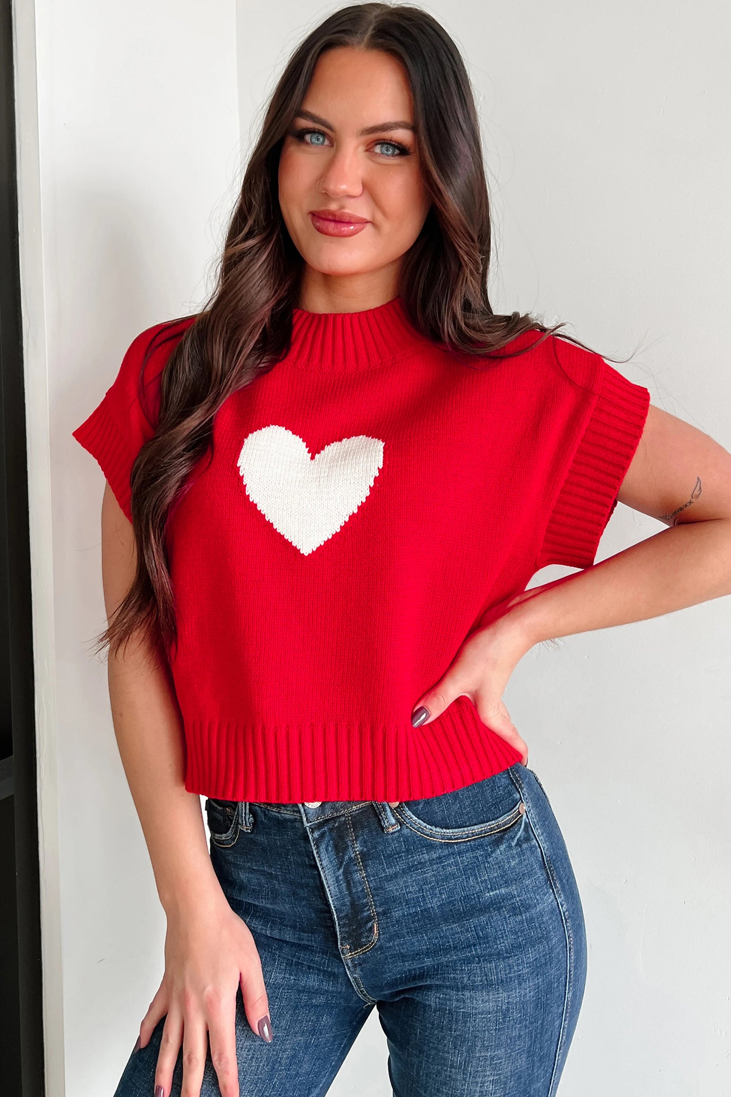 Valentine Heart Graphic Cropped Short Sleeve Sweater - Fiery Red