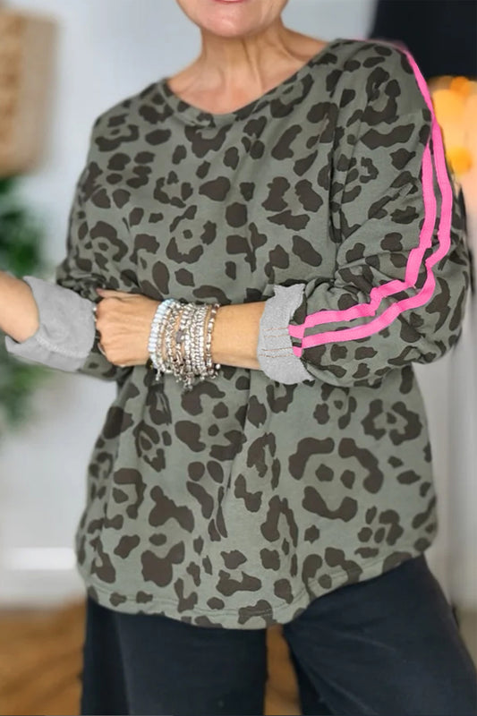Leopard Print Varsity Striped Trim Long Sleeve Top