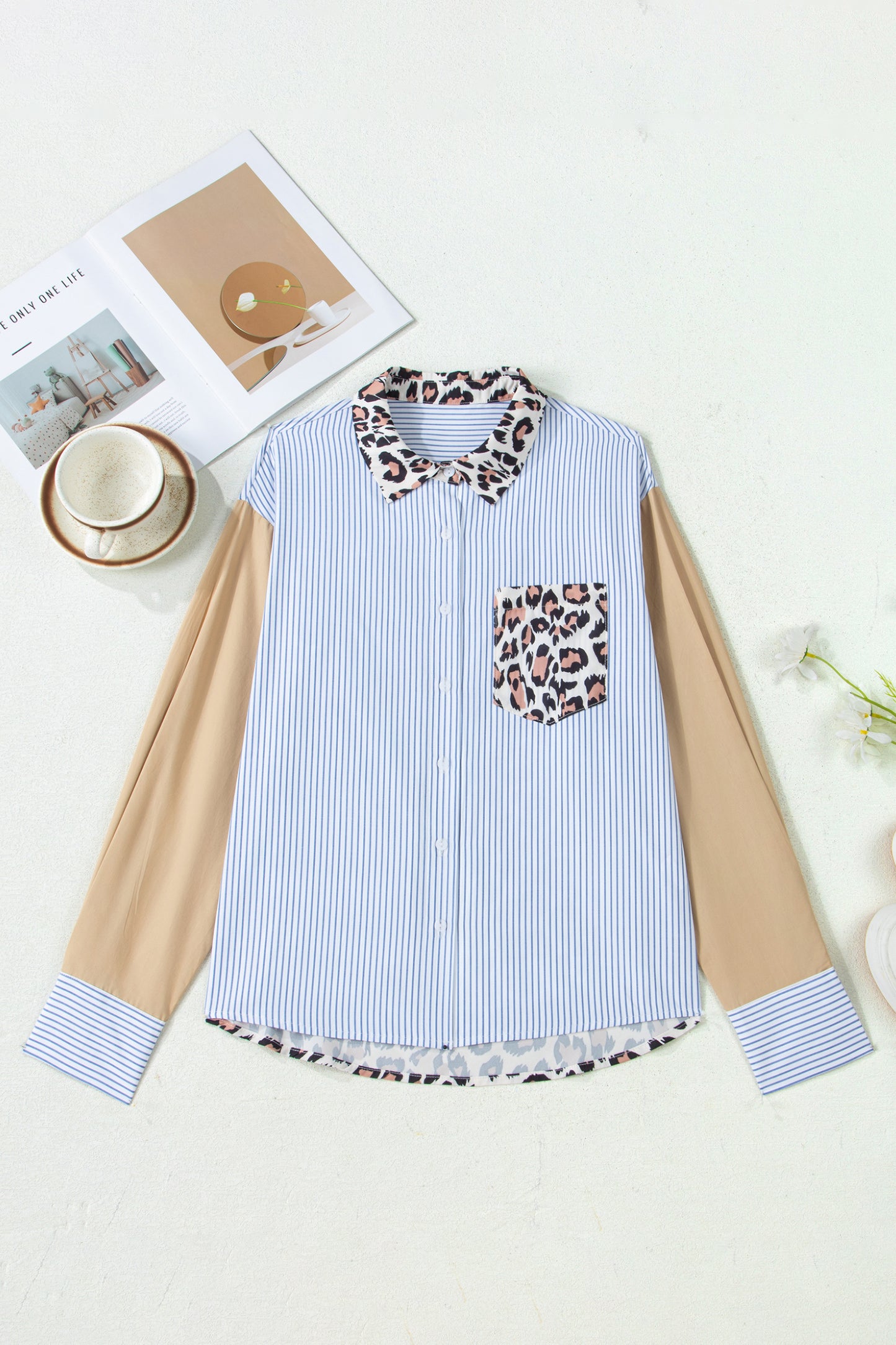 Stripe Colorblock Leopard Patchwork Chest Pocket Cuffed Sleeve Shirt