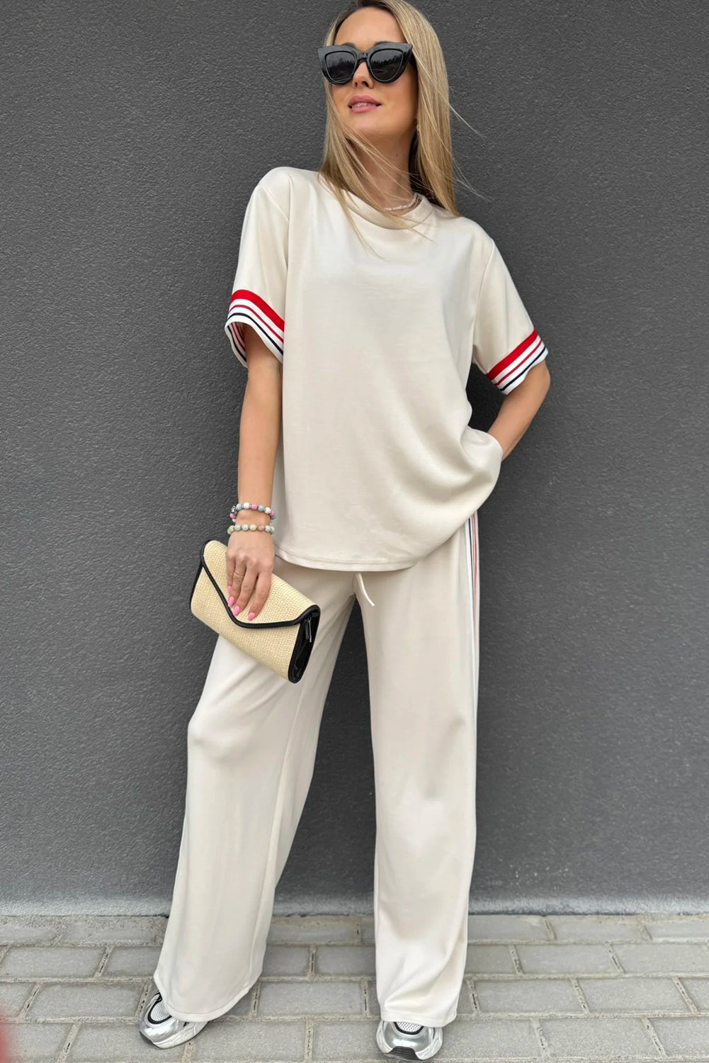 Contrast Striped Trim Crewneck T Shirt Loose Straight Pants Set