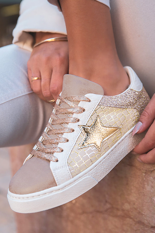 Gold Glitter Star Patchwork Lace-Up Sneakers