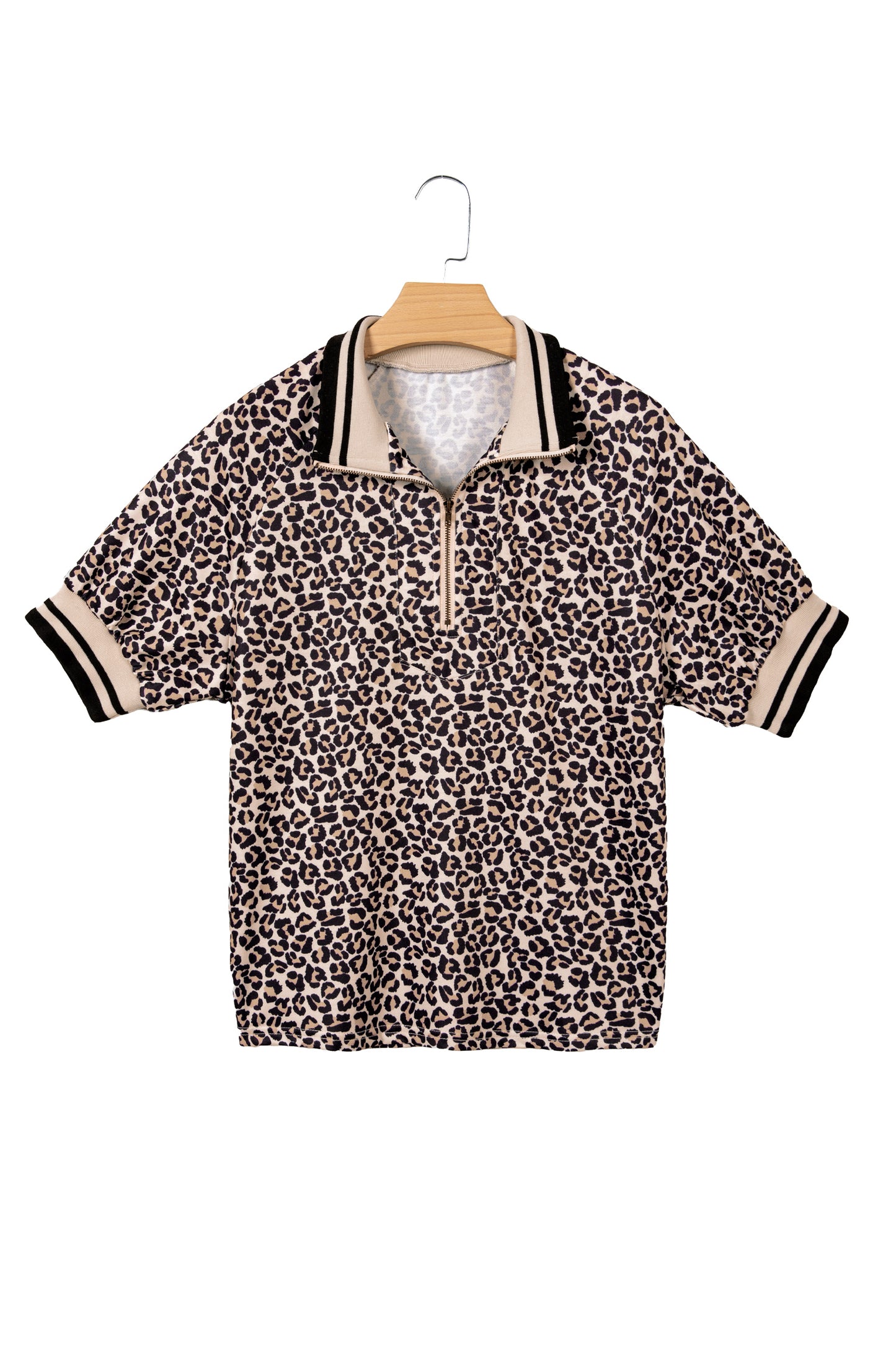 Brown Leopard Print Half Zip Striped Trim Short Sleeve Top