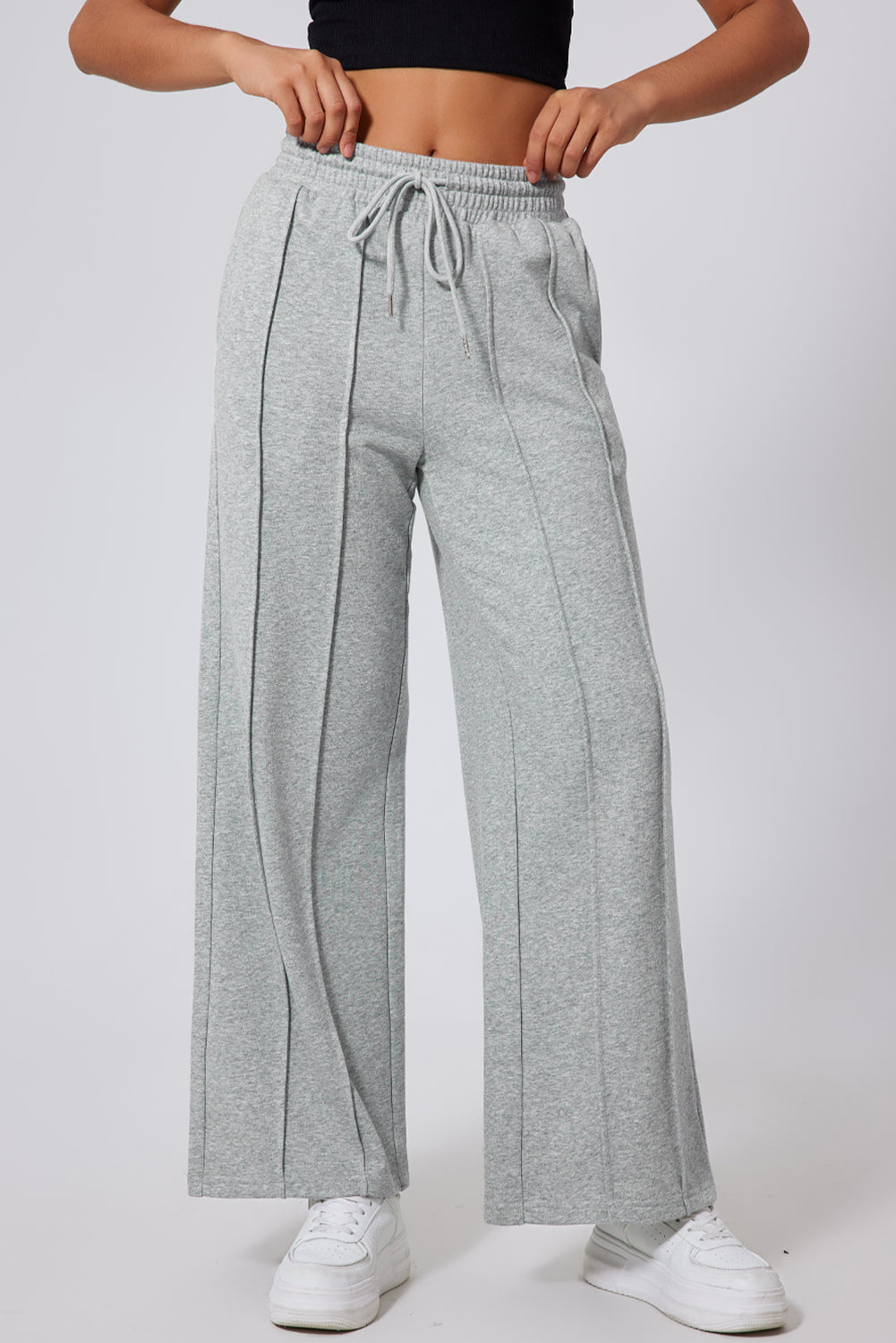 Grey Seamed Drawstring High Waist Wide Leg Sweatpants