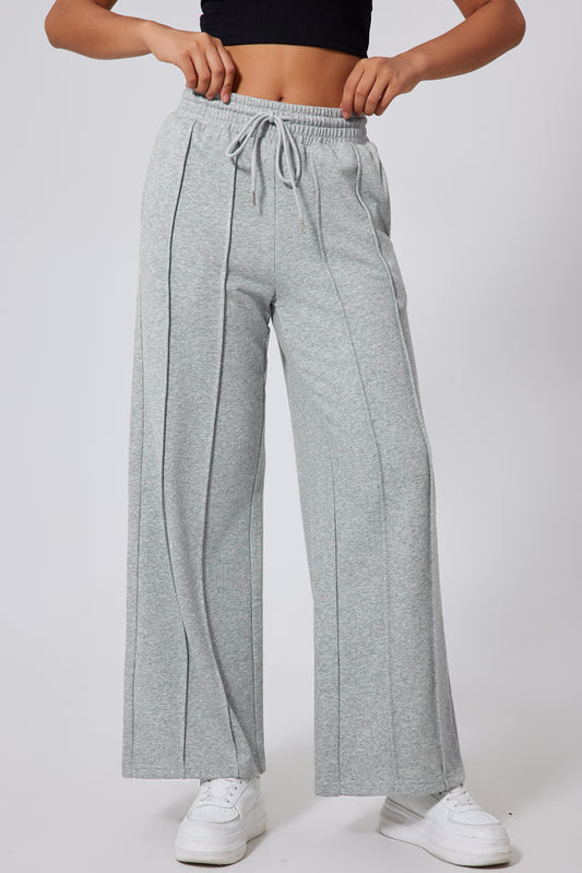 Grey Seamed Drawstring High Waist Wide Leg Sweatpants