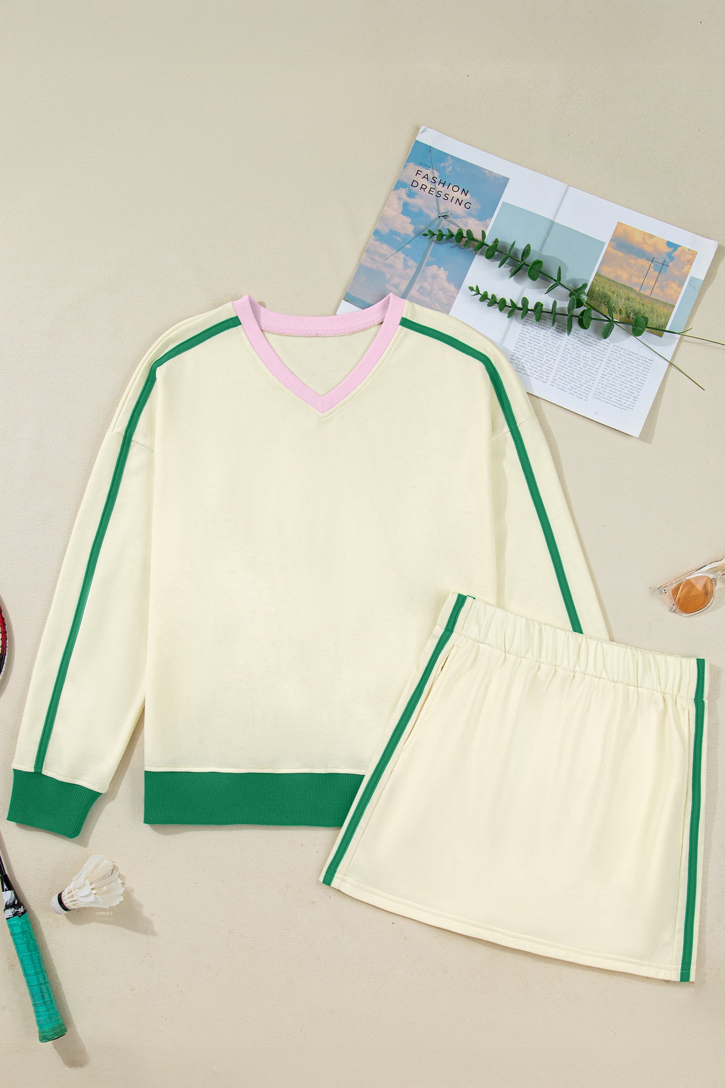 Ribbed Colorblock Trim V Neck Sporty Pullover Mini Skort 2pcs Athleisure Set