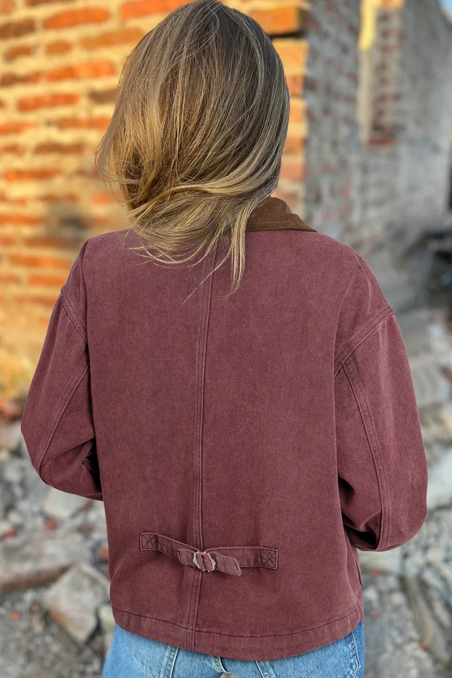 Corduroy Collar Denim Jacket - Zipped Front Coffee Brown