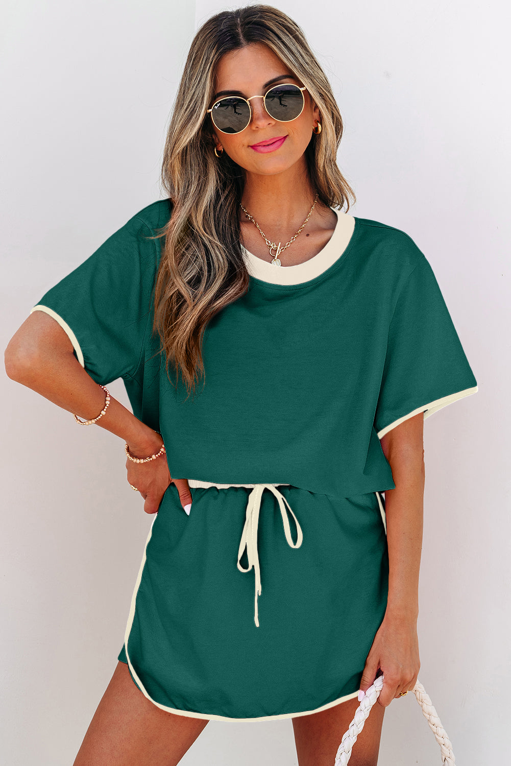 Turquoise Colourblock Edge Drop Shoulder T-Shirt and Skort 2-Piece Set