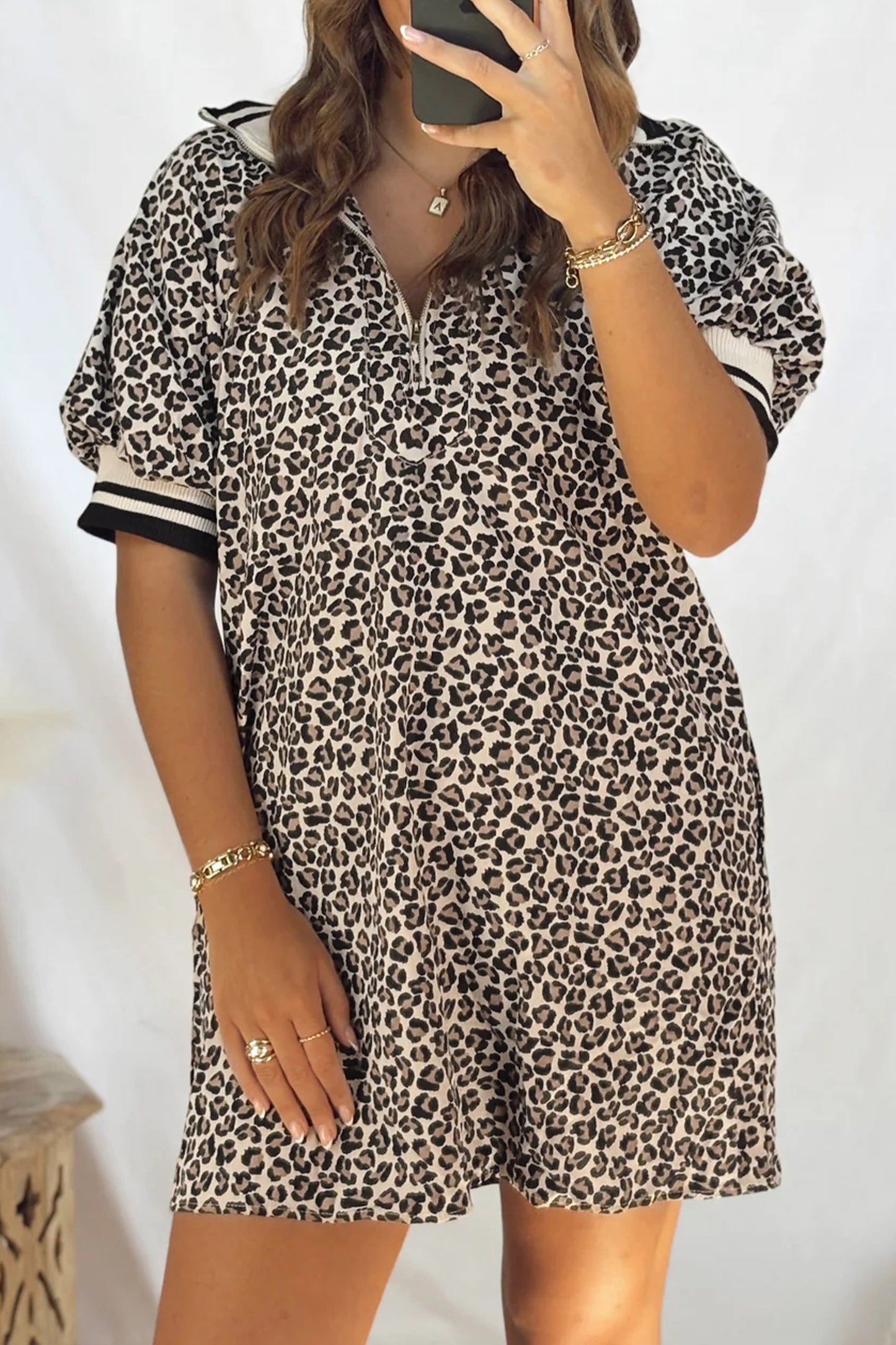 Leopard Print Zip Neck Striped Webbing Patchwork T-Shirt Mini Dress - Khaki