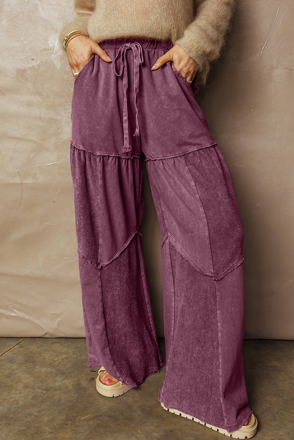 Mineral Wash Tiered Wide Leg Patchwork Drawstring Pants