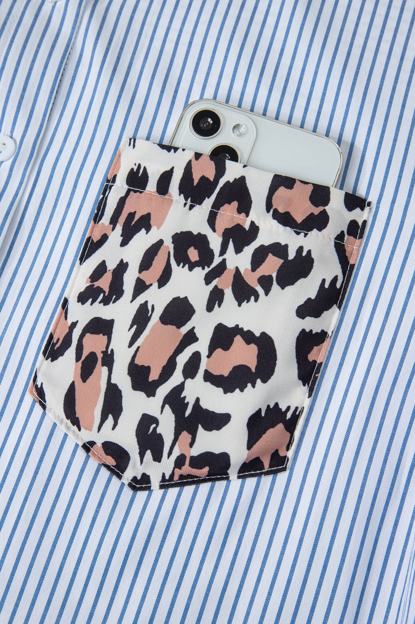 Stripe Colorblock Leopard Patchwork Chest Pocket Cuffed Sleeve Shirt