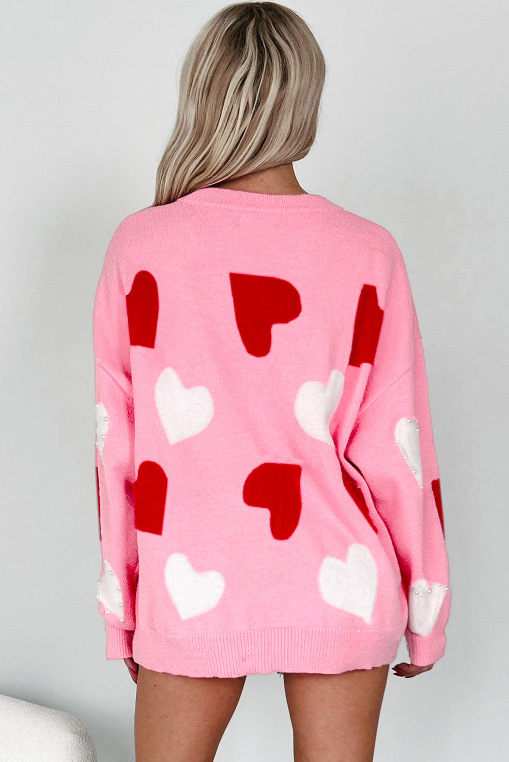 Pearl Embellished Heart Pattern Valentine's Day Sweater