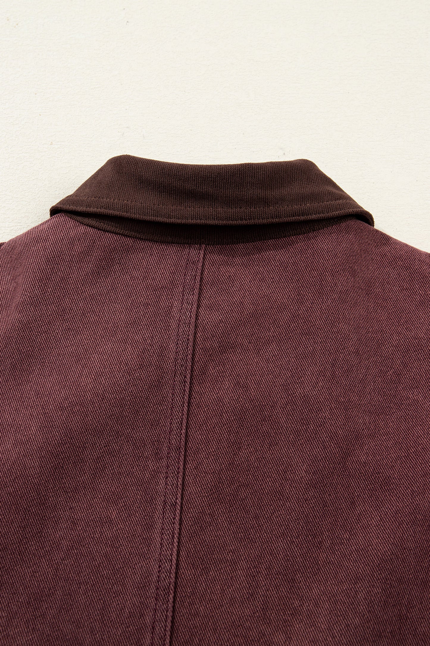 Corduroy Collar Denim Jacket - Zipped Front Coffee Brown