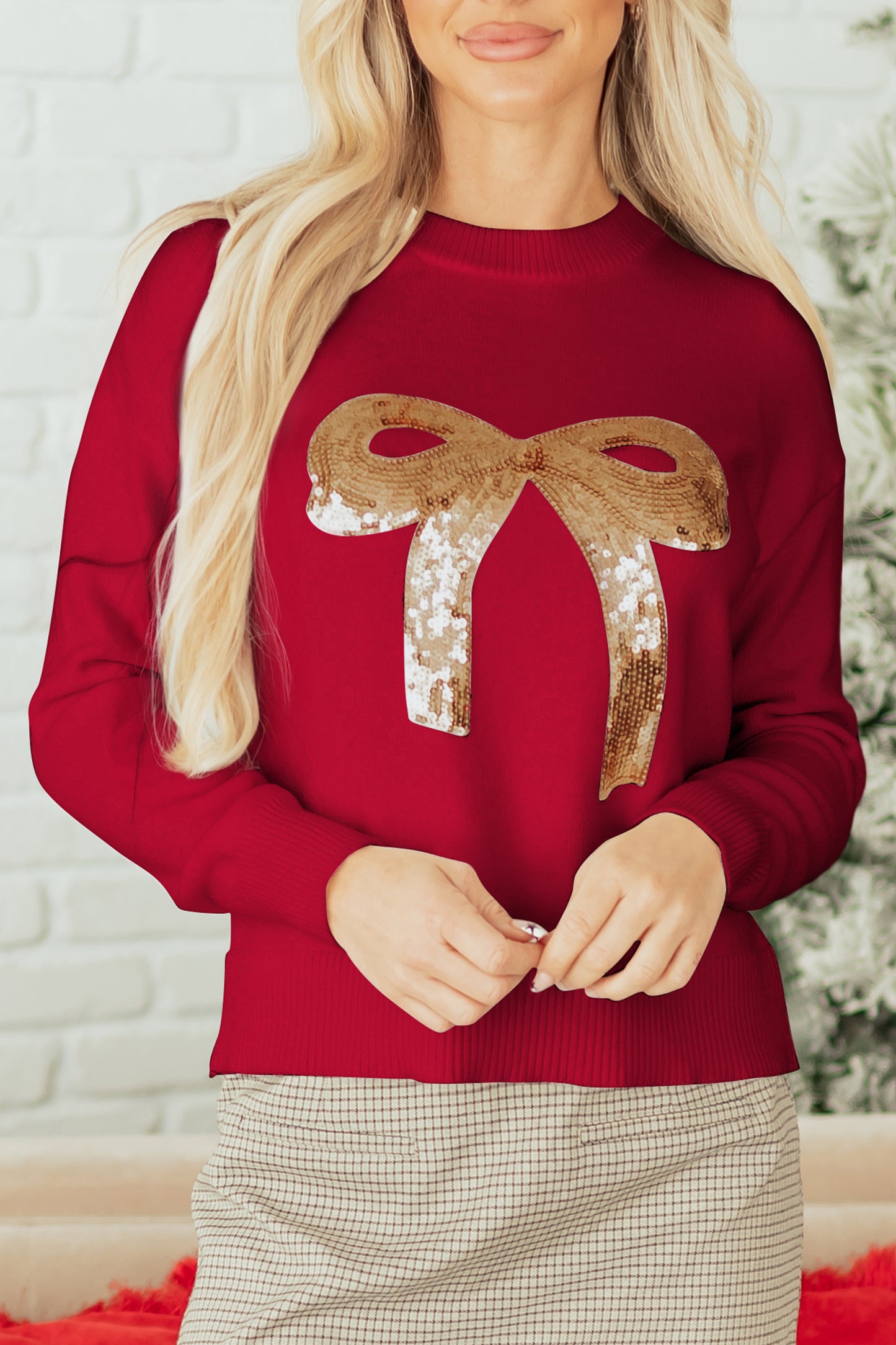 Red Sequined Bow Graphic Christmas Holiday Sweater