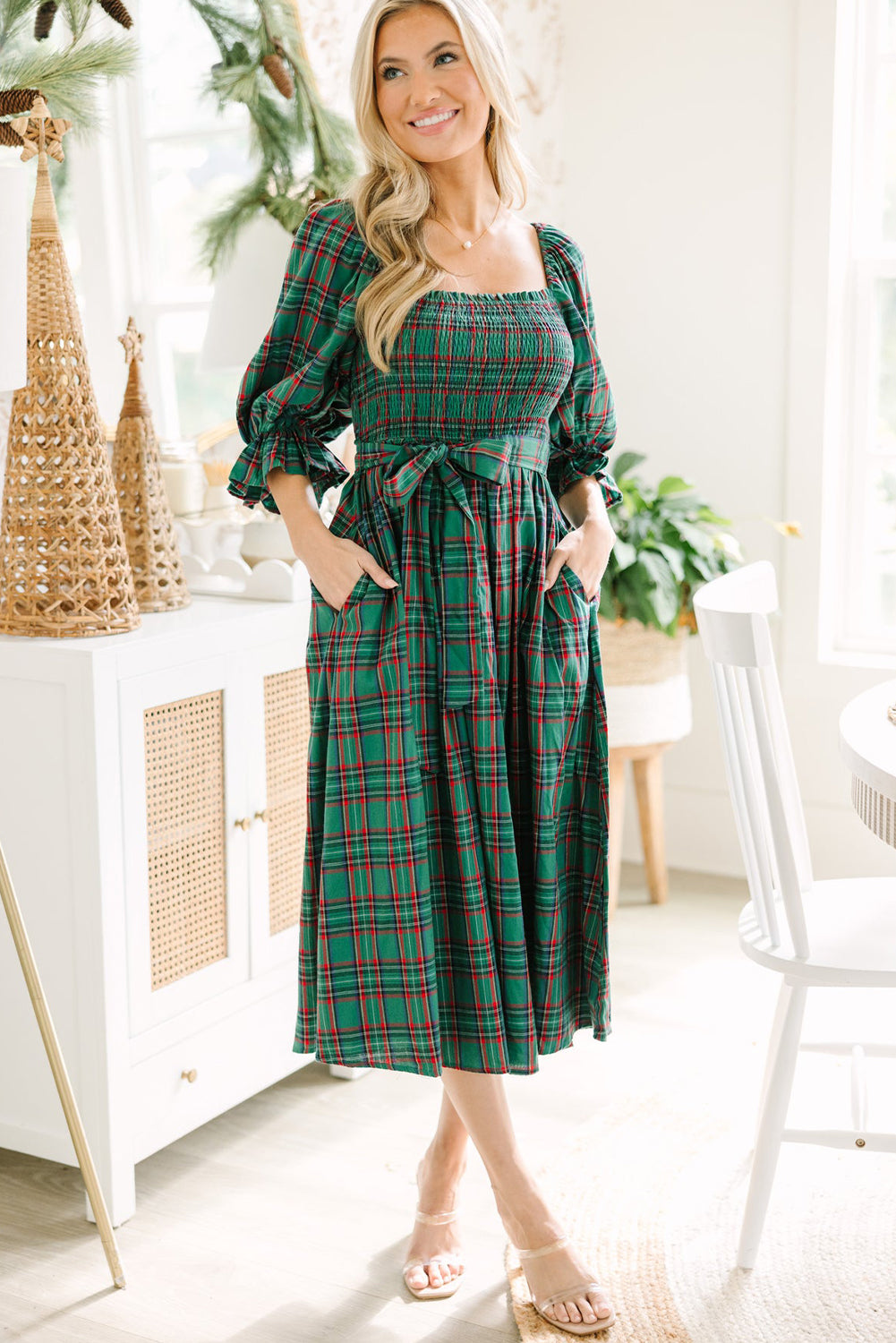 Tartan Plaid Square Neck Puff Sleeve Knot Waist Flared Midi Dress