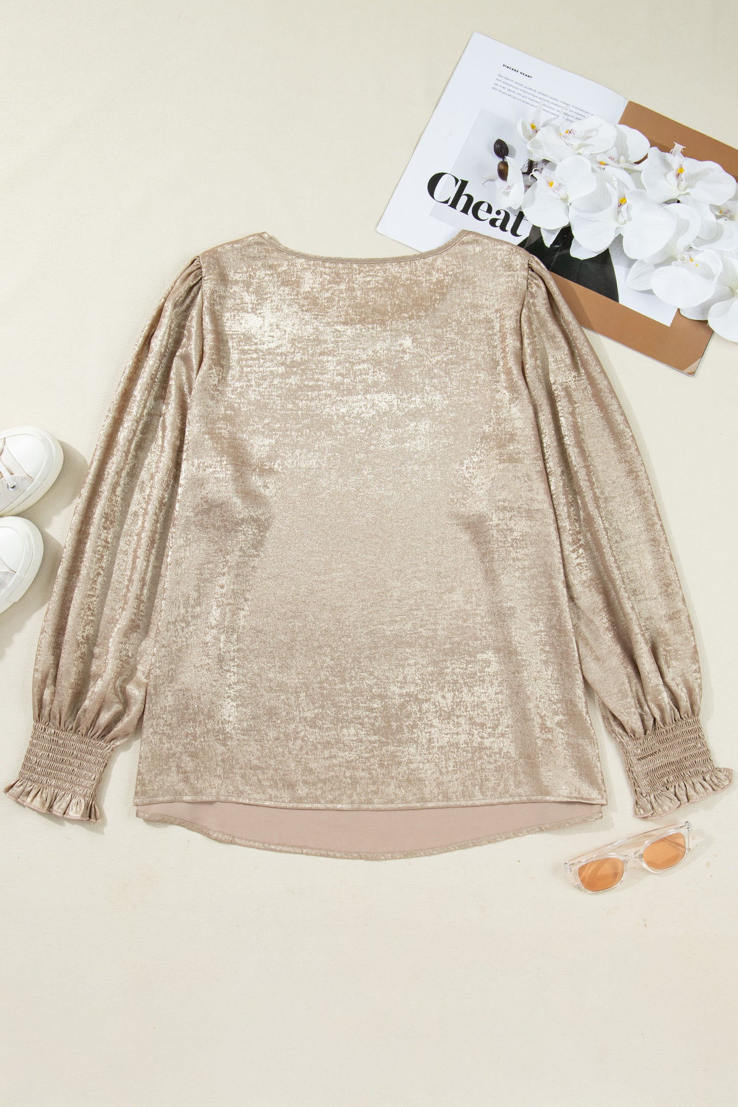 Plus Size Metallic Long Flounce Sleeve Blouse