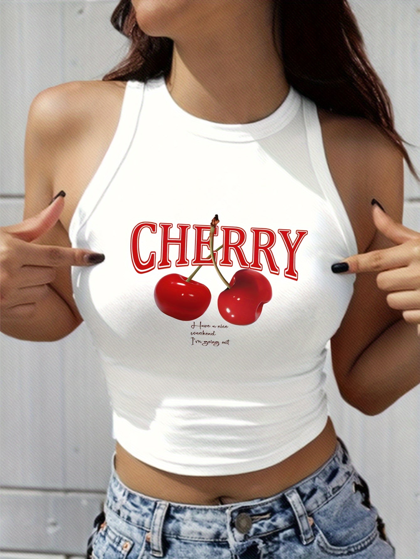 Women's Summer Cherry Print Crew Neck Sleeveless  Tank Top