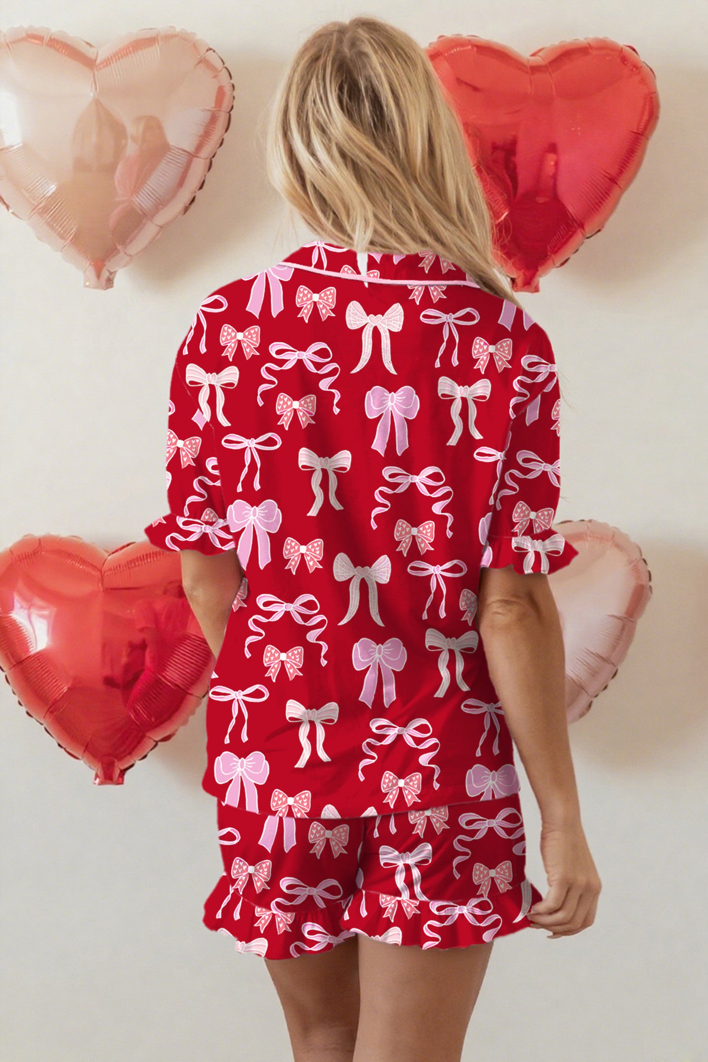 Red Sweet Bow Print Ruffled Short Sleeve Pajama Set