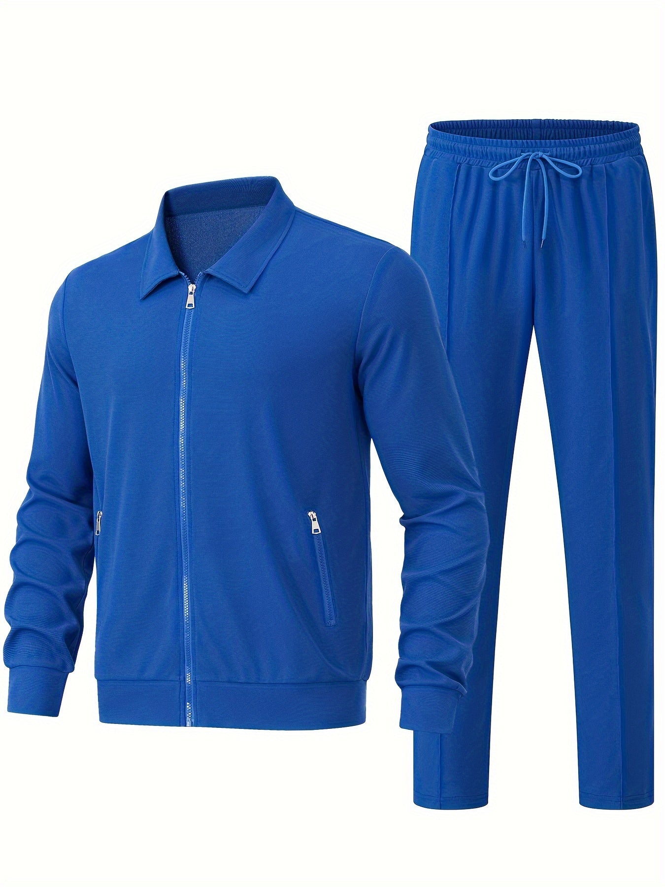 Men's Solid Waffle 2Pcs Athletic Outfit, Zip-up Jacket & Trousers Co ord Set