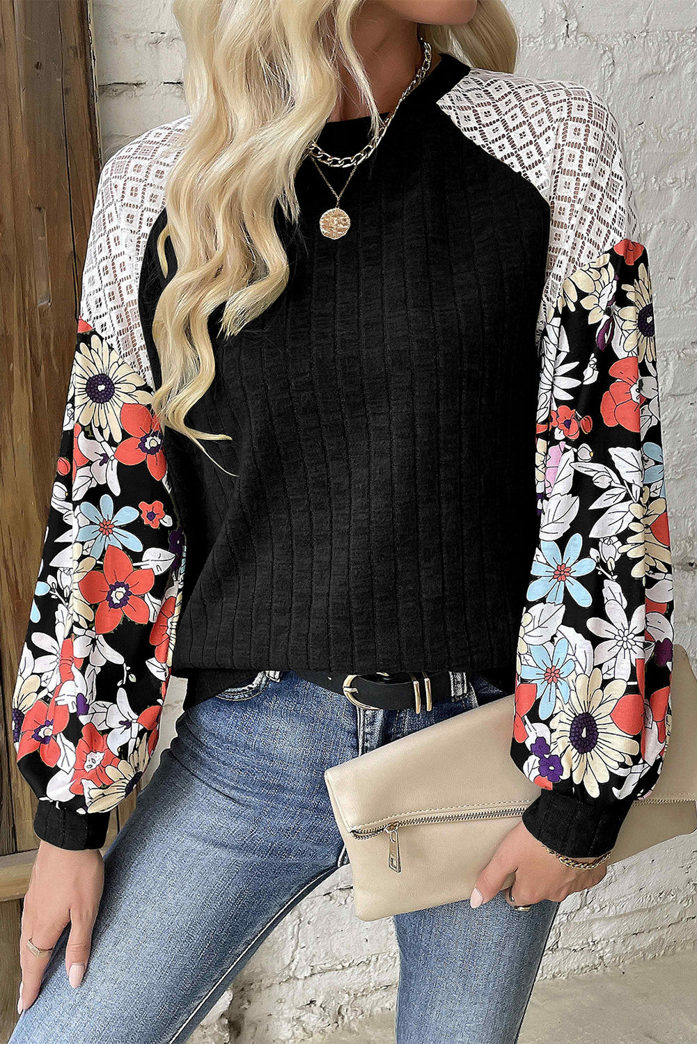 Green Floral Patchwork Long Sleeve Ribbed Blouse