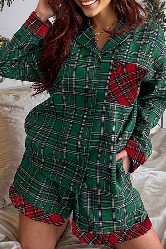Green Plaid Christmas Patchwork Long Sleeve Shirt and Shorts Pajama Set