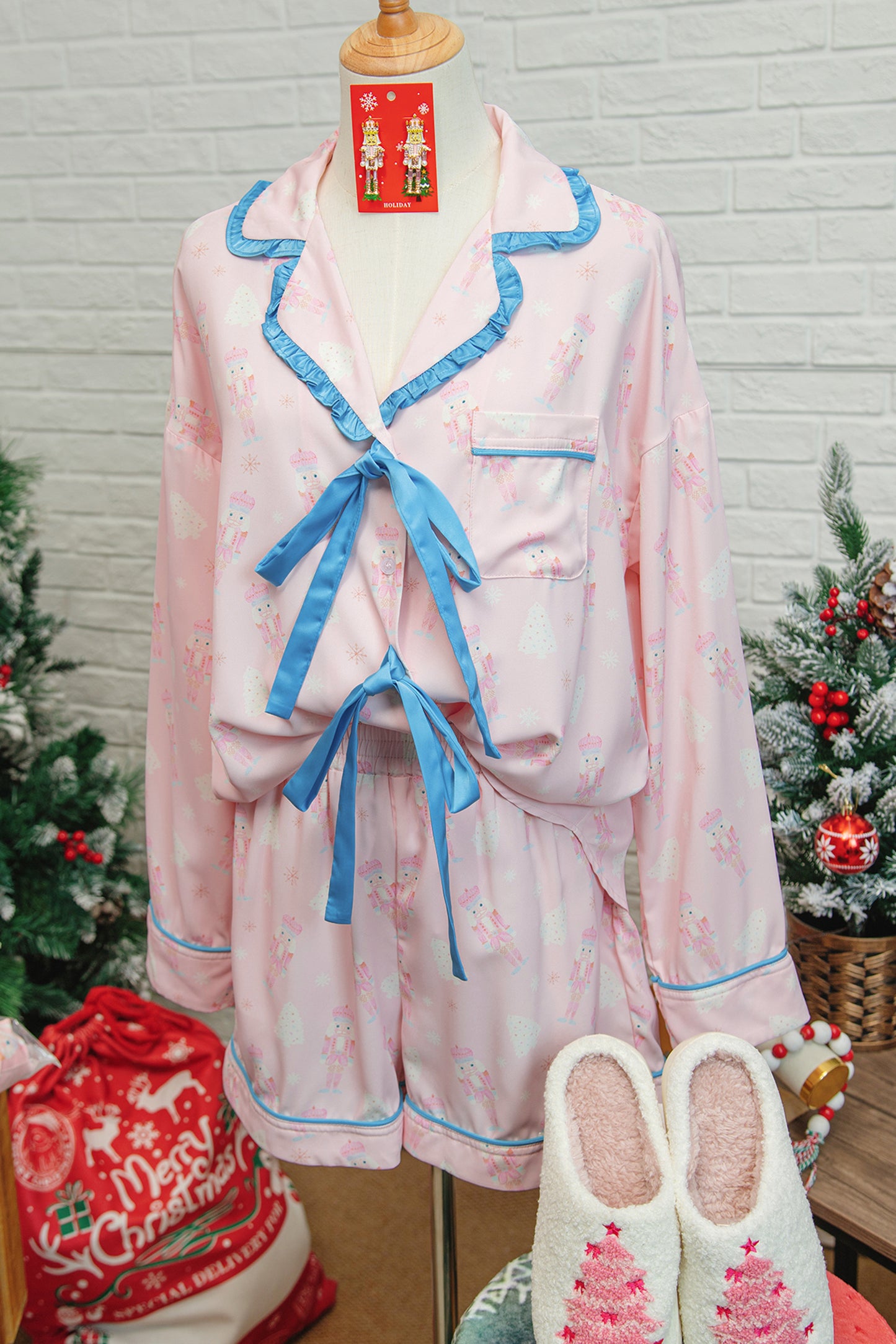 Bow Tie Front Christmas Nutcracker Pajama Set