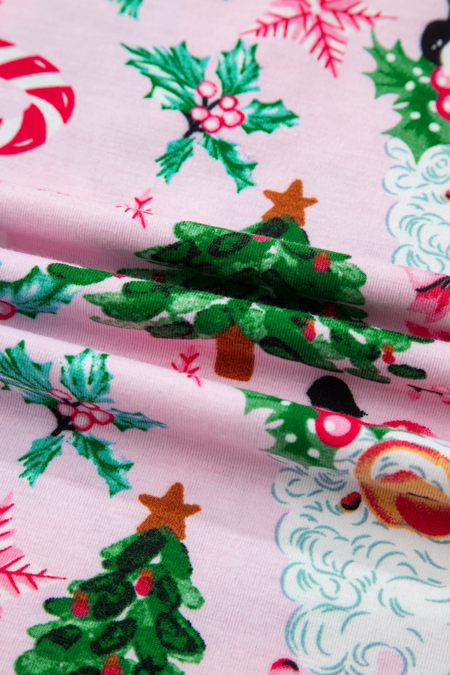 Pink Christmas Pattern Button V Neck Pullover and Drawstring Pants Lounge Set